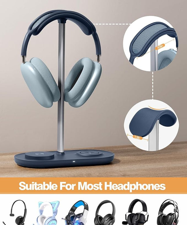 HiWe 3-in-1 Headphone Stand - Universal Desktop Gaming Headset Holder with Wireless Charger for Phones/AirPods/iWatch, Aluminum Alloy Rod, Leather Pad, ABS Solid Base, Blue