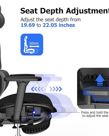 PatioMage Ergonomic Office Chair, Big and Tall Desk Chair with Adjustable Lumbar Support & Seat Depth, High Back Computer Chair, Swivel Mesh Chairs with Wheels for Home Office, Black
