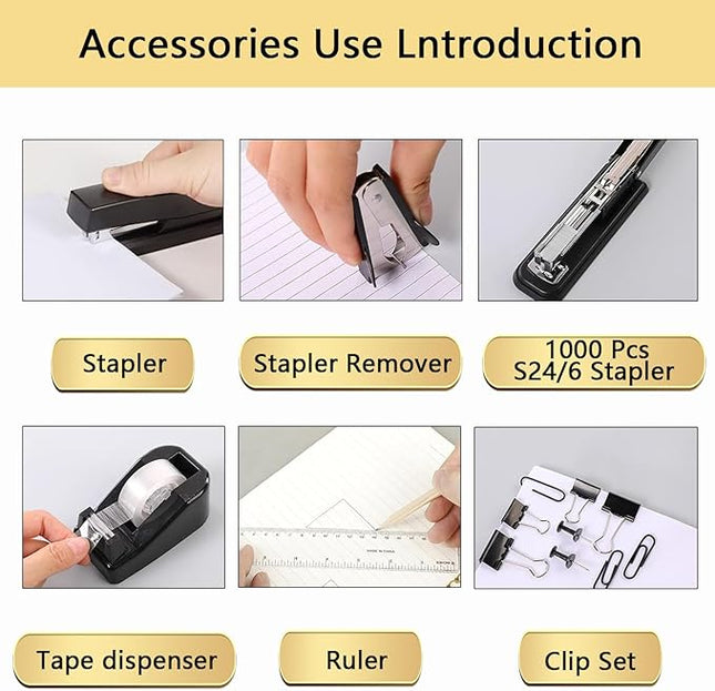 suniya Office Supplies,Desk Accessories,Tape Holder,Stapler,Scissor,Staple Remover,Box of Binder Clips,Staples,Ballpoint Pen,Sticky Notes,Clear Tape,Ruler,Office Supplies Set(Black)