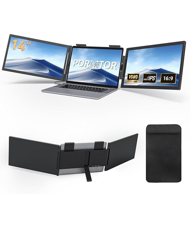 Pornitor Laptop Screen Extender, 14’’ FHD 1080P Triple Portable Monitor for Laptop with Ultra-Slim IPS Display, USB-C Plug and Play Multi Screen Attachment for 14"-16.5" Laptops