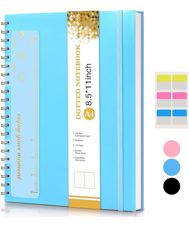 Dotted Notebook, Spiral Notebook Journal 8.5” x 11”, A4 Large Dot Grid Notebooks for Women Men, 100 GSM Dotted Paper, Plastic Hardcover Spiral Bullet Journals for Work School Sketching, Blue