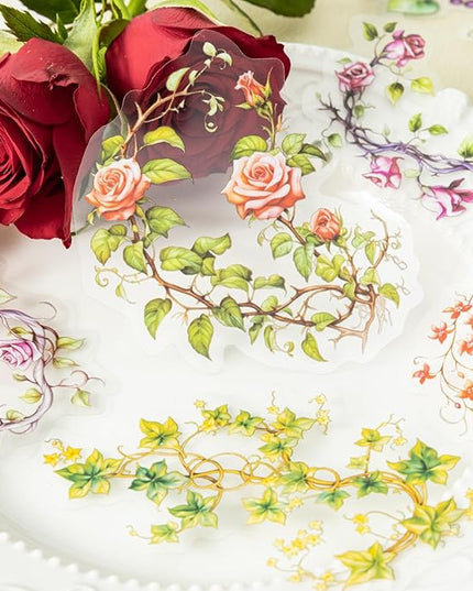 AuriicLeaf Floral Vine PET Stickers, 120 Pcs Large Botanical Ephemera for Scrapbooking, Journaling, DIY Crafting, and Art Supplies