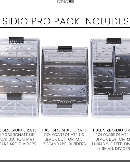 SIDIO CRATE Pro Pack - Two Full Size and One Half Size SidioCrate, Stackable Outdoor Organizer Storage Bins with Clear Lid and Dividers - Clear