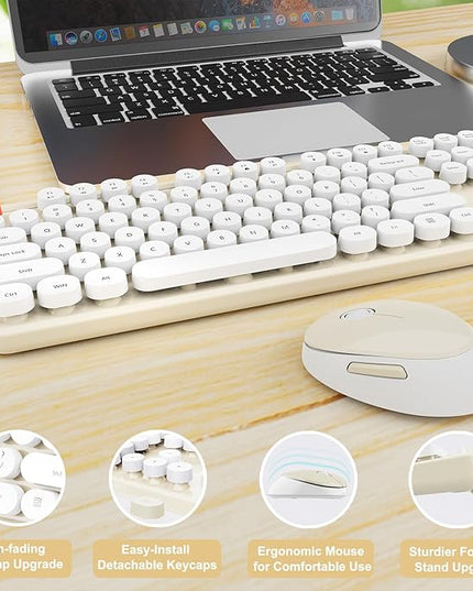 Wireless Keyboard and Mouse Combo, Ergonomic Full Size Typewriter Retro Round Keycaps Keyboard, Compatible with Windows, PC, Perfer for Home and Office Keyboards (Beige