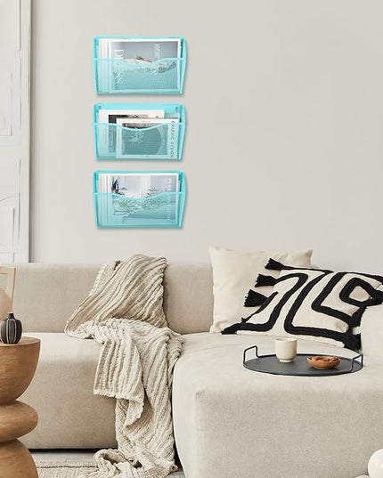 EASEPRES 3 Single Pocket Mesh Hanging File Organizer, Vertical Wall Mounted Magazine File Holder, Mount Basket Mail Paper Document Folder Organizing for Office, Home and School, Blue