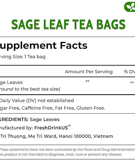 FreshDrinkUS, Premium 15 Sage Leaf Tea Bags, 100% Natural & Pure from Sage Leaves. Loose Leaf Herbal Tea. Made with Natural Material Tea Bags. No Sugar, No Caffeine, No Gluten, Vegan.