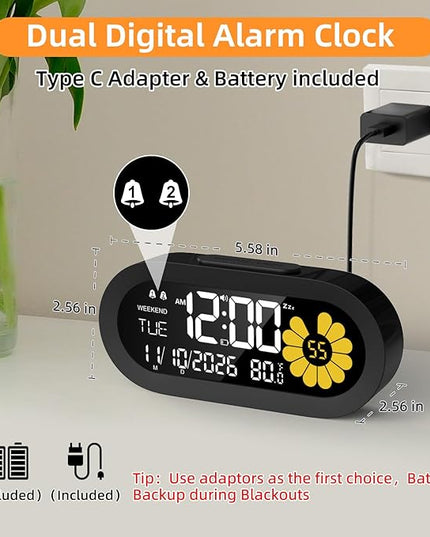 DOOMAY Digital Alarm Clock for Bedroom: Dual Alarm Bedside Clock VA LCD Display with Seconds, 9-Minute Snooze and Weekend Mode, 3 Brightness, 4 Alarms and 3 Volume Levels，Type C & Battery Included
