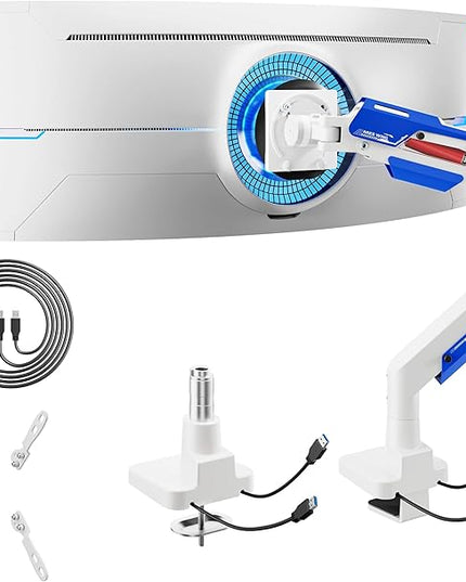 ARES WING Heavy Duty Ultrawide Monitor Arm - Gas Spring Aluminum Monitor Mount with USB for 24"-57" Curved Screens up to 66 lbs with Clamp/Grommet Desk Mount, 75/100/200 Vesa Mount, White