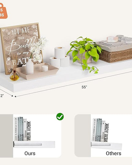 Heimlove 12 Inch Deep Floating Shelves, 55 x 12 inches Long Wall Shelf, Large Extra Display Shelf & Storage Shelf, Rustic Wood Wall Shelves for Fireplace Mantel, Set of 1(White)
