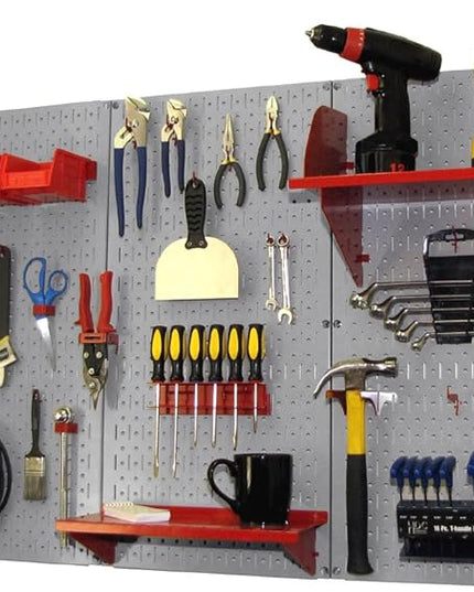 Wall Control Pegboard Organizer 4 ft. Metal Pegboard Standard Tool Storage Kit with Gray Toolboard and Red Accessories