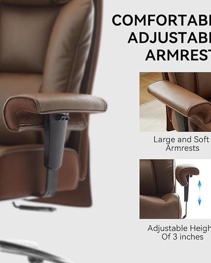 Big and Tall Ergonomic Office Chair 450LBS with Foot Rest, High Back PU Leather Executive Chair with Adjustable Padded Armrests, Lumbar Support for Home or Work, Heavy Duty Computer Chair, Brown