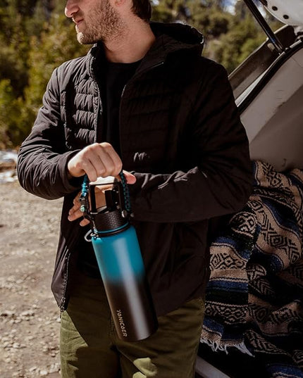 Insulated Water Bottle 40oz,Triple Wall Vacuum Stainless Steel(Dishwasher Safe),Leak Proof & Non-BPA,Flask Jug with Paracord Handle & Straw Spout Lids Sports Black