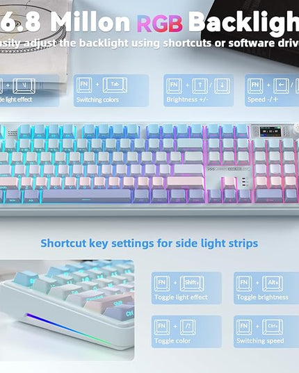 LINGBAO K108 Pro Wireless Mechanical Keyboard with Screen & Knob, Full Size Creamy Keyboard with Number Pad, 10000mAh Battery, PBT Keycaps, RGB Backlit, Hot-swappable Gaming Keyboards