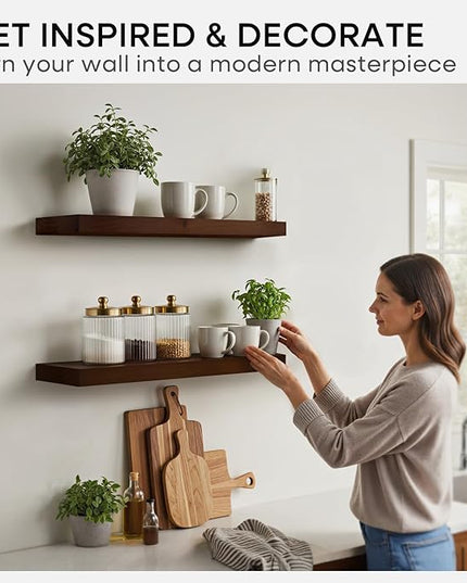 Homeforia Walnut 36 inch Floating Shelf, High End Solid Real Wood 36inch Large Shelves for Bathroom Wall, Dark Brown 36 inches Long Floating Shelves, Heavy Duty Bracket, 36 X 6.5 X 1.75 inch, Set of 2