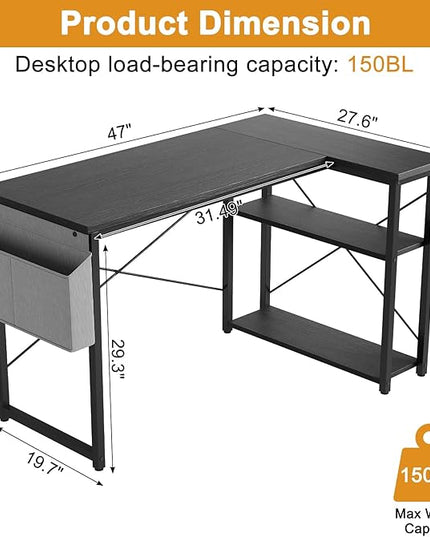 Grandder L Shaped Computer Desk with Reversible Shelves, 47 Inch Small Corner Desk with Storage Bag, Gaming Desk Computer Table Study Writing Table for Home Office Bedroom Small Space, Black