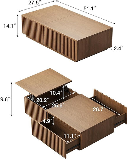 NessCarsti 51.1" Mid-Century Modern Lift Top Coffee Table, Walnut Rectangular Center Table with Hidden Storage & Drawers, for Living Room, Apartment, Office