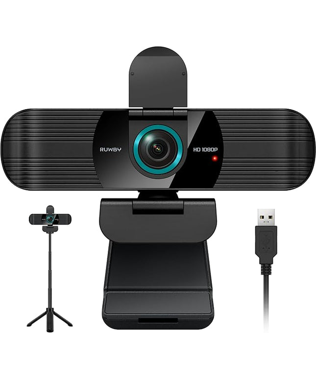 RUWBY Full HD 1080P Webcam with Built-in Dual Mics, Wide-Angle Lens, Privacy Cover, Tripod Stand, Autofocus Computer Camera, Plug and Play for Desktop PC or Laptop