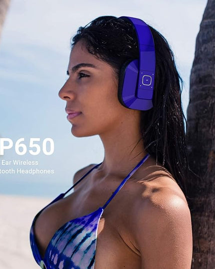 August EP650 Bluetooth Wireless Over-Ear Headphones with aptX Low Latency, NFC, Multipoint Pairing, Wired Option, Built-in Microphone - Blue