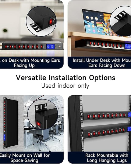 9 Outlet Rack Mount Power Strip with Individual Switches, PDU Surge Protector 15A 125V 1875W, 1U Server Rack Power Distribution Unit with Overload Protection and Power Monitoring, 6.5FT Cord