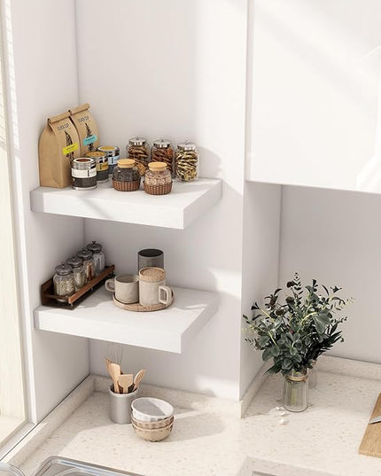 12 Inch Deep White Floating Shelves, 16 x 12 Floating Shelf for Books, Rustic Wood Deep Wall Shelves for Home Storage & Display, 2" Thicked Shelves for Kitchen, Living Room, Bedroom, 2 Pack