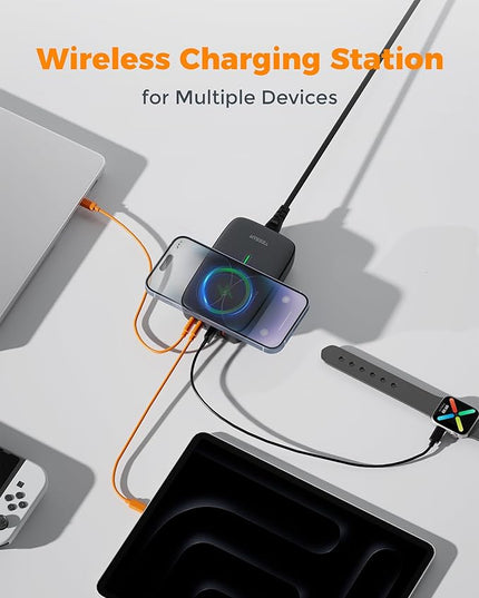 USB Charging Station for Multiple Devices PD 65W, TESSAN 6-in-1 USB C Charger Block with Wireless Charger for iPhone 17/16, MacBook, Tablet, Type C Desktop Charger, Home Travel Office Accessories