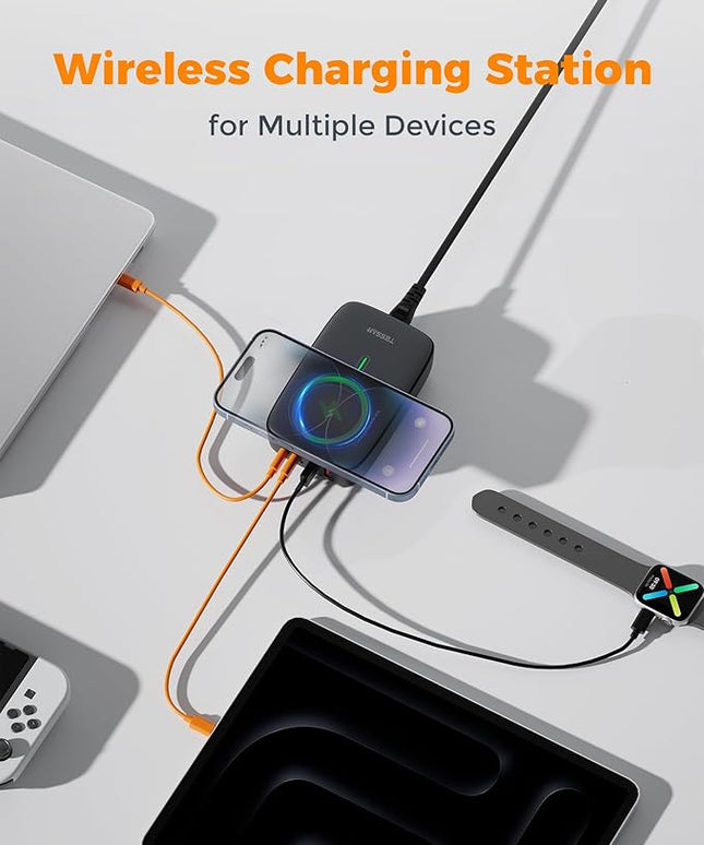 USB Charging Station for Multiple Devices PD 65W, TESSAN 6-in-1 USB C Charger Block with Wireless Charger for iPhone 17/16, MacBook, Tablet, Type C Desktop Charger, Home Travel Office Accessories