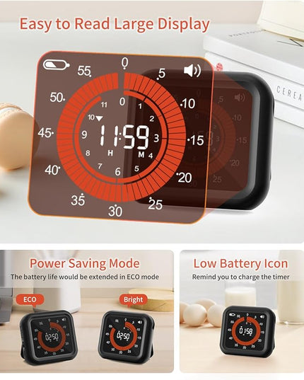 Digital Visual Timer - Large Display Magnetic Countdown Timer with Adjustable Volume and Brightness, 11H59M Memory Function for Kitchen, Classroom, Study Time Management, Seniors & Teachers