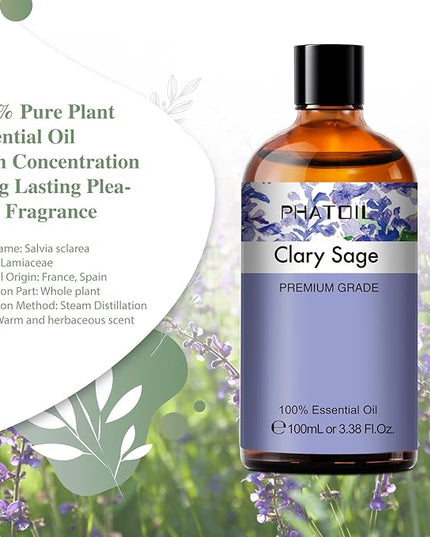 PHATOIL 3.38FL.OZ Clary Sage Essential Oil for Aromatherapy Diffusers with Glass Dropper, Humidifiers, Great for DIY Candle and Soap Making, Huge 100ML Bottle