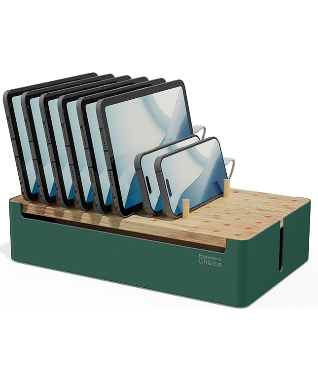 Prosumer's Choice Bamboo Charging Station - Multi Charger Station Organizer - Desk Docking Station for Phones, Tablets, Laptop - Wooden Charging Station with Removable Dividers - Cables Not Included
