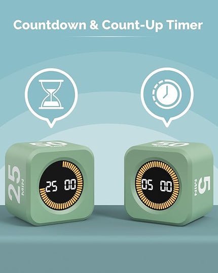 KADAMS Pomodoro Cube Timer Productivity Visual Timer - 5/10/25/50 Min Rotating Countdown (Green)