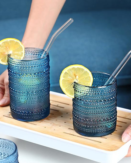 Large Hobnail Drinking Glasses Set of 6,15oz Blue Vintage Glassware,Embossed Glass Cups,Water Tumbler,Highball Glasses For Beer, Juice And Various Mixed Drinks