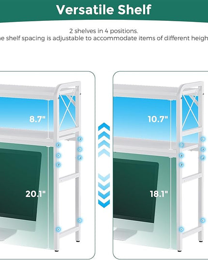 VERSASKY Desktop Shelves, Monitor Stand with Adjustable Shelves and Side Pockets, 2-Tier Desktop Bookshelf Organizer, Large Capacity Display Shelf Rack, Desk Hutch for Home Office, Study Room, White