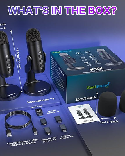 ZealSound Podcast Microphone, Podcast Equipment Bundle for iPhone PC iPad Android, Dual Wireless USB Mic 2.4GHz with Noise Reduction, Tap to Mute, Monitor Gain for Streaming, Recording, YouTube,TikTok