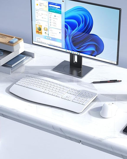 Ergonomic Keyboard and Mouse Combo, Full Size Cordless Computer Keyboard with Palm Wrist Rest Ergonomic Mouse for Windows Computers Laptops - White