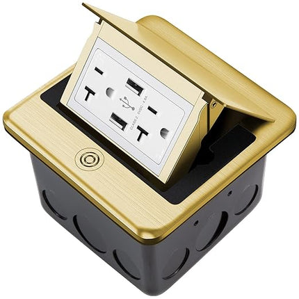 Vagueior Recessed Floor Electrical Outlet Kit,Waterproof Electrical Outlet Covcer Box,Hidden 4.8A USB+20A Tamper-Resistant Receptacle Outlet with Slow Elastic Damping ，ETL Certified,Brass