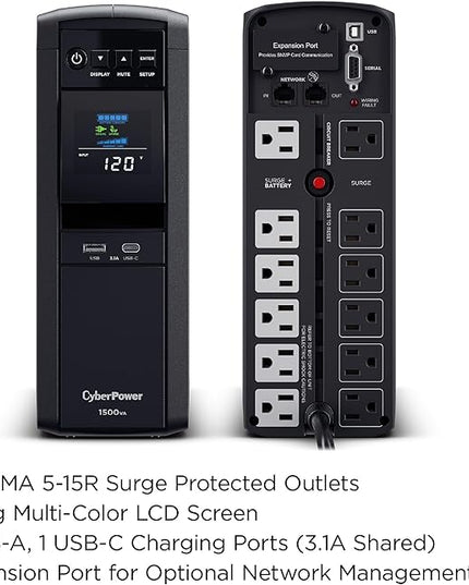 CyberPower CP1500PFCLCD PFC Sinewave UPS Battery Backup and Surge Protector, 1500VA/1000W, 12 Outlets, AVR, Mini Tower; UL Certified