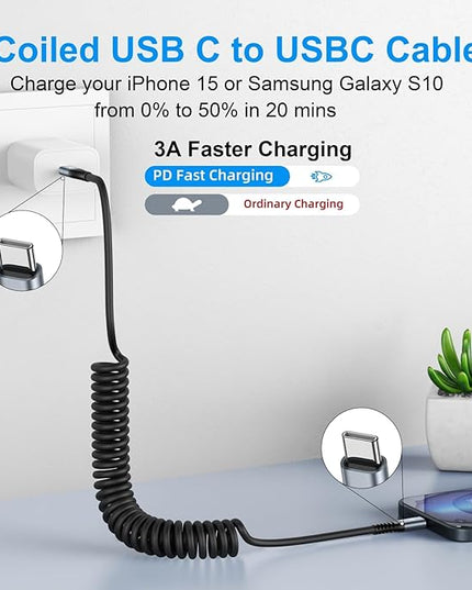 2Pack Coiled USB C to USB C Charger Cable for Car, Type C Fast Charging USBC Charger Cord Compatible with 17/1615/15 Plus/15 Pro/15 Pro Max/Samsung Galaxy S23