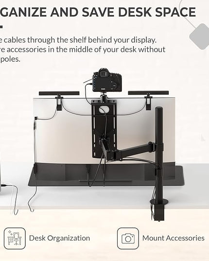 HumanCentric DSLR Monitor Mount Small, Desk Camera Mounting, Light Webcam, Microphone Shelf for Monitor VESA Arm, Replace Clamp Tripods, 100x100mm Patterns, Aluminum, Hardware Included