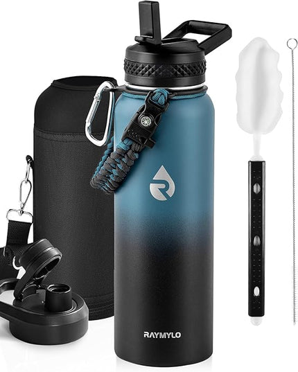 Insulated Water Bottle 40 oz, Triple Wall Vacuum Stainless Steel (Cold for 48 Hrs), Leak Proof & Non-BPA, Modern Water Flask Jug with Paracord Handle & Straw Spout Lids, Indigo/Black