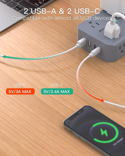 Power Strip Surge Protector - Flat Plug, Wall Mount, 8 Wide Outlets with 4 USB Ports (2 USB C), 5FT Heavy Duty Extension Cord with Multiple Outlets, Charging Station Home Dorm Office Accessories Gray