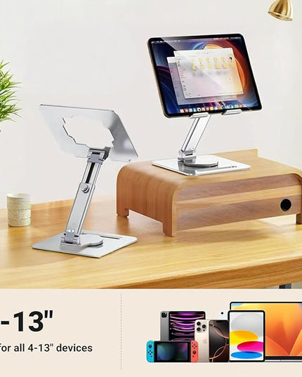 GuaziV 360° Rotating Tablet Stand - Adjustable iPad Tablet Holder for Desk, Foldable iPad Swivel Stand for Home & Office (Polished Silver)