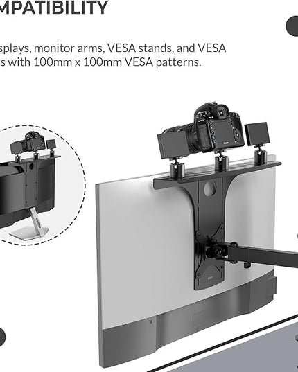 HumanCentric DSLR Monitor Mount Large, Desk Camera Mounting, Light Webcam, Microphone Shelf for Monitor VESA Arm, Replace Clamp Tripods, 100x100mm Patterns, Aluminum, Hardware Included