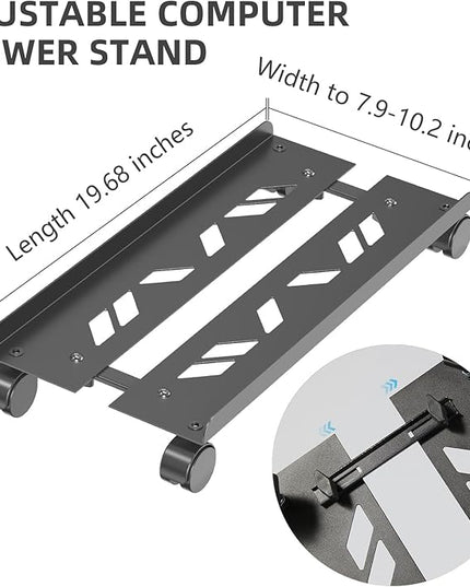 Adjustable Computer Tower Stand, Ventilated Mobile CPU Stand Fits Most PC Tower, Steel Desktop CPU Holder with Rolling Caster Wheels, PC Floor Cart Riser for Gaming Office Desk Accessories