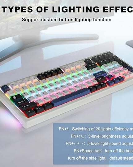 Wireless Mechanical Keyboard BT5.0/2.4GHz/USB, Multi-Color LED with 18+ Modes, Hot-Swappable Custom Keyboard, Red Creamy Switches, Gaming Keyboard for PC/Mac (Blue White)