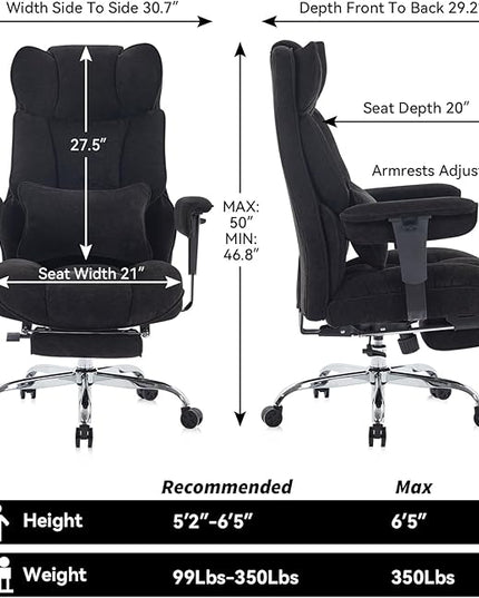 Efomao Executive Office Chair, Soft-Cushioned Computer Chair with Foot Rest, Fabric Home Office Desk Chairs, Big and Tall Office Chairs, Black