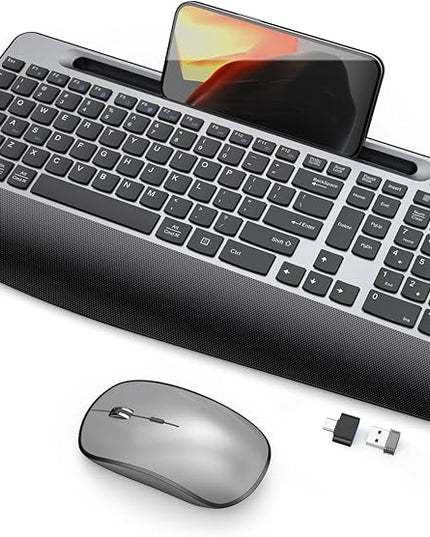 JOYACCESS Wireless Keyboard and Mouse, Ergonomic Wireless Keyboard with Wrist Rest and Phone Holder, Quiet Computer Mouse for Mac PC Laptop-Black Grey