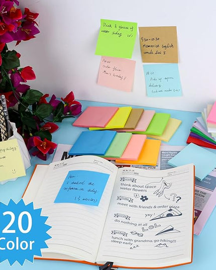 100 Pack Sticky Notes Bulk 3 x 3 in Self-Stick Note Pads Colorful Posted Note in 20 Colors Adhesive Paper Memo 50 Sheets/Pad Easy to Post for Office Home School Meetings Notebook Wall Door Window