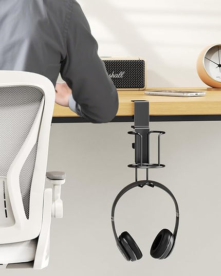 2 in 1 Desk Cup Holder with Headphone Hanger Holder, Anti-Spill Clip-On Table Cup Hook with 360° Rotation for Lawn Chair, Office Home Gaming Table (1 Pack)