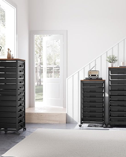Rolling Cart with Drawers,10 Drawer Rolling Cart,Rolling storage cart with drawers,Black Rolling Drawer Cart,Teacher Rolling Cart for Classroom Storage,Craft Cart with Wooden Tabletop