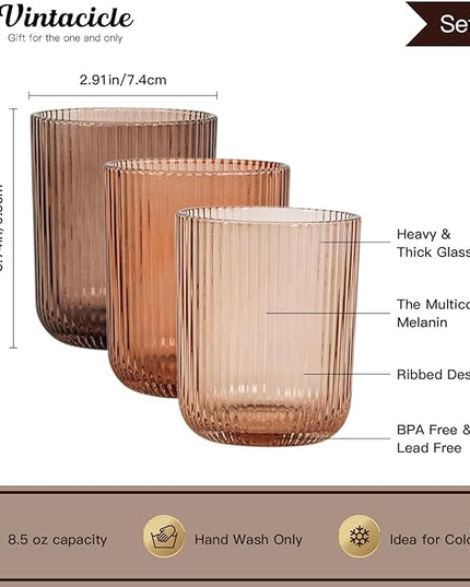 Drinking Glasses, Melanin Colored Highball Glasses Set of 6, Ribbed Glassware Glass Cups, Water Glasses for Juice, Iced Coffee Cups, Cocktail Glasses - Christmas Gifts - 8.5 oz